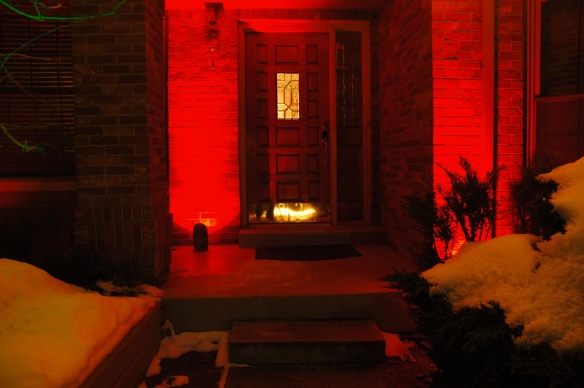Red lens covers welcome the holiday season. Photo courtesy of Outdoor Lighting Perspectives of Colorado.